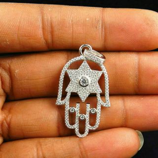 Vintage 2ct Round Cut Diamond Hamsa Hand Charm Pendant 14k White Gold Finish