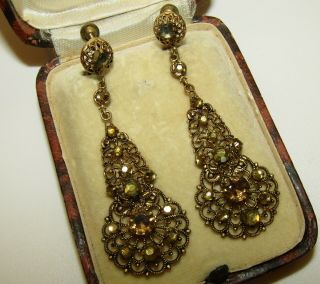 Rare,  Antique Portugese Silver 800/9ct Gold Cannetille Earrings With Citrine