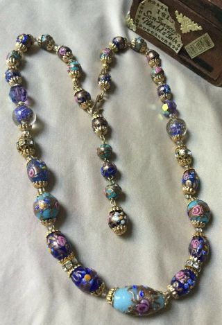 Vintage Venetian Murano Millefiori Blue Art Glass Bead Necklace Antique
