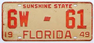 Vintage Florida 1949 Palm Beach County License Plate,  Low 2 - Digit Number,  61