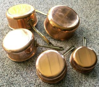 Vintage French Set 5 Tournus Copper Clad Cuisine Saucepans Cooking Pots