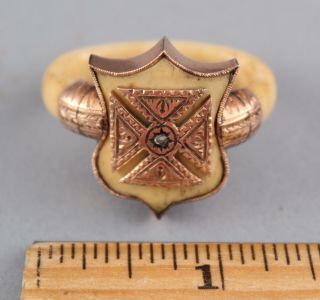 RARE Unique 18/19thC Handmade Fraternal Gold Maltese Cross & Bone Shield Ring 10