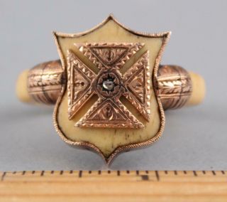 RARE Unique 18/19thC Handmade Fraternal Gold Maltese Cross & Bone Shield Ring 11