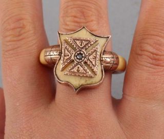 RARE Unique 18/19thC Handmade Fraternal Gold Maltese Cross & Bone Shield Ring 2