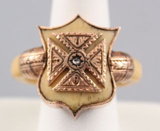 RARE Unique 18/19thC Handmade Fraternal Gold Maltese Cross & Bone Shield Ring 3