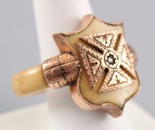 RARE Unique 18/19thC Handmade Fraternal Gold Maltese Cross & Bone Shield Ring 4