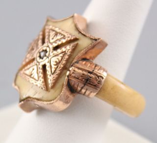 RARE Unique 18/19thC Handmade Fraternal Gold Maltese Cross & Bone Shield Ring 5