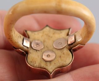 RARE Unique 18/19thC Handmade Fraternal Gold Maltese Cross & Bone Shield Ring 7