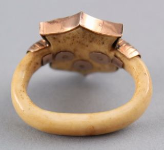 RARE Unique 18/19thC Handmade Fraternal Gold Maltese Cross & Bone Shield Ring 9