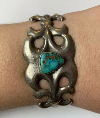 Vintage Sand Cast Sterling Silver & Turquoise Cuff Bracelet Navajo