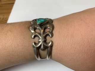 Vintage Sand Cast Sterling Silver & Turquoise Cuff Bracelet Navajo 3