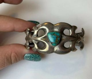 Vintage Sand Cast Sterling Silver & Turquoise Cuff Bracelet Navajo 4