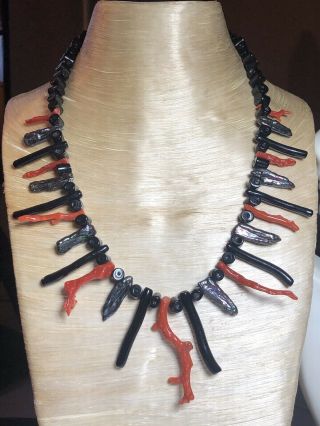 Vtg Abstract Black Red Salmon Branch Coral Natural Necklace Authentic Fine