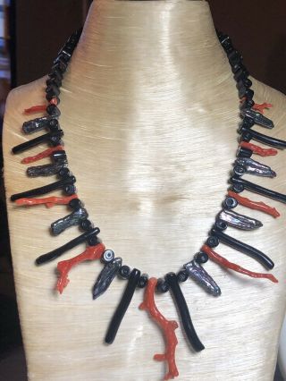 VTG Abstract Black Red Salmon Branch Coral Natural Necklace Authentic Fine 7