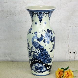 Vintage Large Hand Painted Delft Blue White Vase Peacock Royal Goedewaagen