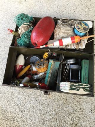 Vintage Metal Tackle Box Filled With Old Fishing Lures And Items