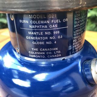 COLEMAN GAS LANTERN 321 Vintage 1973 Rare Blue Canada Beauty Camping Light Lamp 5