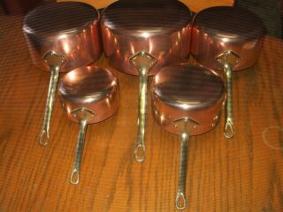 Vintage French Set 5 Copper Cuisine Kitchen Sauce Pans Tin Lined Brass Handles