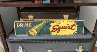 Rare 1941 Single Sided Tin Embossed Drink Squirt Soda Advertising Sign Vintage