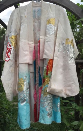 Antique Vintage Asian Rayon Robe Kimono Dress Floral Metallic Print Pastels 2