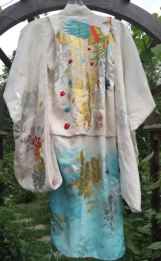 Antique Vintage Asian Rayon Robe Kimono Dress Floral Metallic Print Pastels 7