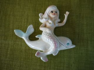 Vintage Lefton Mermaid Riding Dolphin Ceramic Wall Plaque Bathroom Decor Retro