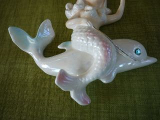 Vintage Lefton Mermaid Riding Dolphin Ceramic Wall Plaque Bathroom Decor Retro 3