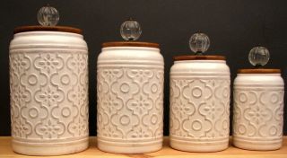Kitchen Canister Set Of 4 Vintage Embossed Ceramic Glass Knob Wooden Tops