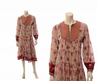 Vtg 70s India Cotton Gauze Dress Pink Quilted Bib Metallic Floral Boho Hippie