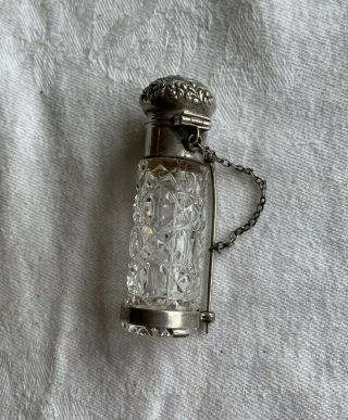 Antique Victorian Sterling Silver & Cut Glass Chatelaine Perfume Bottle