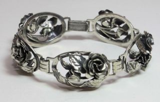 Vintage Signed Danecraft Sterling Silver Link Bracelet With Flowers 7 3/4 "
