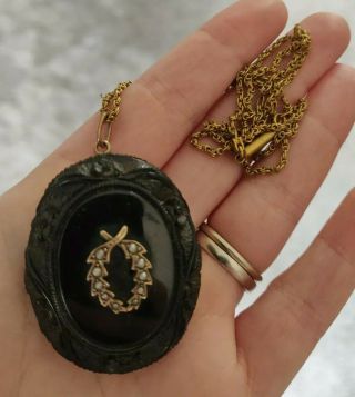 Victorian Vintage Jewellery Seeded Pearl & Whitby Jet Mourning Gold Necklace