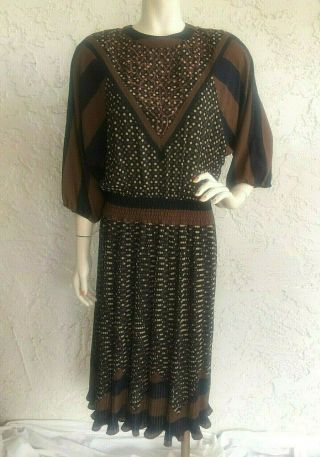 Vintage Diane Freis Dress Brown Black Polka Dot Striped Blouson Smocked