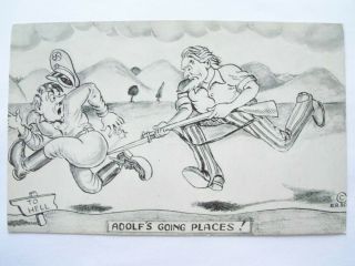 Adolf Hitler Propaganda Postcard Adolf Going Places Man Gun Running Him To Hell