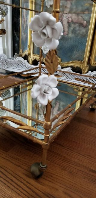 Vtg Italian Bamboo Tole Huge White Porcelain Roses Rolling Server Bar Tea Cart 9