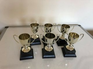 Lovely Set Of 6 Miniature Silver Plated Trophy Cups On Square Stands (3 " Tall)