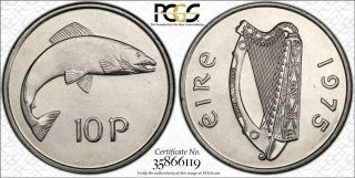 1975 Ireland 10 Pence Pcgs Sp66 - Extremely Rare Kings Norton Proof