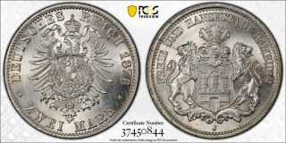1876 - J Hamburg 2 Mark Pcgs Ms64 - Rare Type Coin