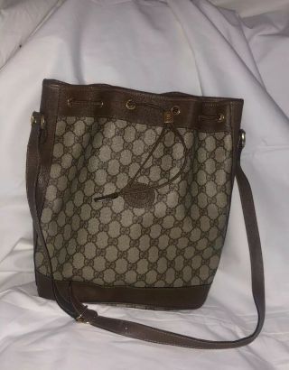 Gucci Vintage Web Brown Monogram Leather Drawstring Bucket Pvc Shoulder Bag