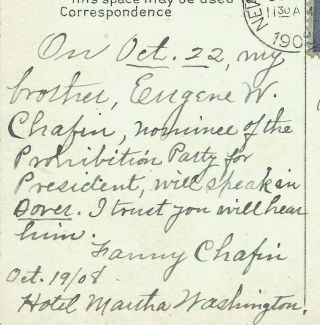 Rare 1908 Eugene W Chafin President Stamp Prohibition Party Whitehouse Dover NH 3
