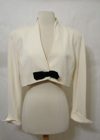 Vintage White W/black Velvet Bow Crop Bolero Evening Jacket Nwd L