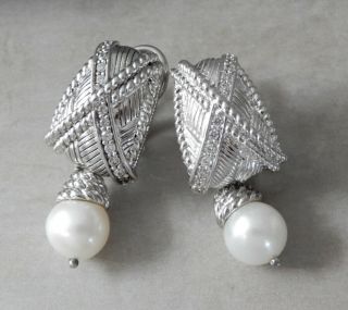 Judith Ripka Sterling Silver Pearl Diamonique Cz Dangle Earrings Omega Backs