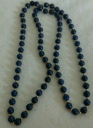Vintage Infinity Blue Lapis Gemstone & Gold Bead Necklace - 32 " Long