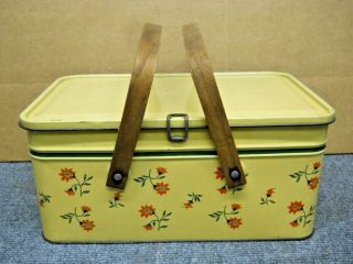 Vintage Yellow Tin Litho Picnic Basket Container Oak Handles Golden Cookies