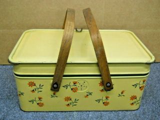 Vintage Yellow Tin Litho Picnic Basket Container Oak Handles Golden Cookies 2