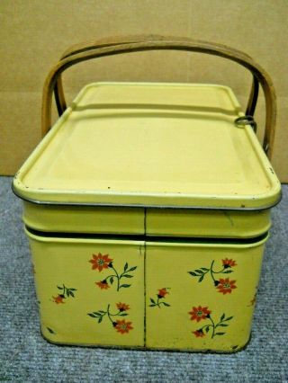 Vintage Yellow Tin Litho Picnic Basket Container Oak Handles Golden Cookies 3