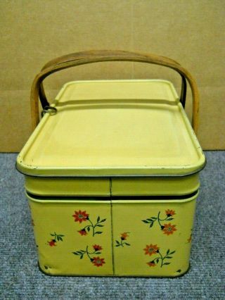 Vintage Yellow Tin Litho Picnic Basket Container Oak Handles Golden Cookies 4