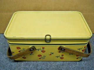 Vintage Yellow Tin Litho Picnic Basket Container Oak Handles Golden Cookies 5