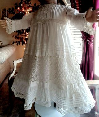 Large Antique Lace,  Pin Tucks Doll Dress For French Jumeau Bru Or German Doll