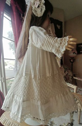 LARGE Antique Lace,  Pin Tucks Doll Dress for French Jumeau Bru or German Doll 2